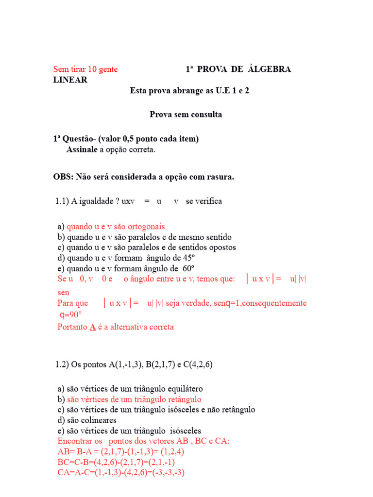 Prova de Álgebra Linear: Triângulos e Planos | PDF | Triângulo ...
