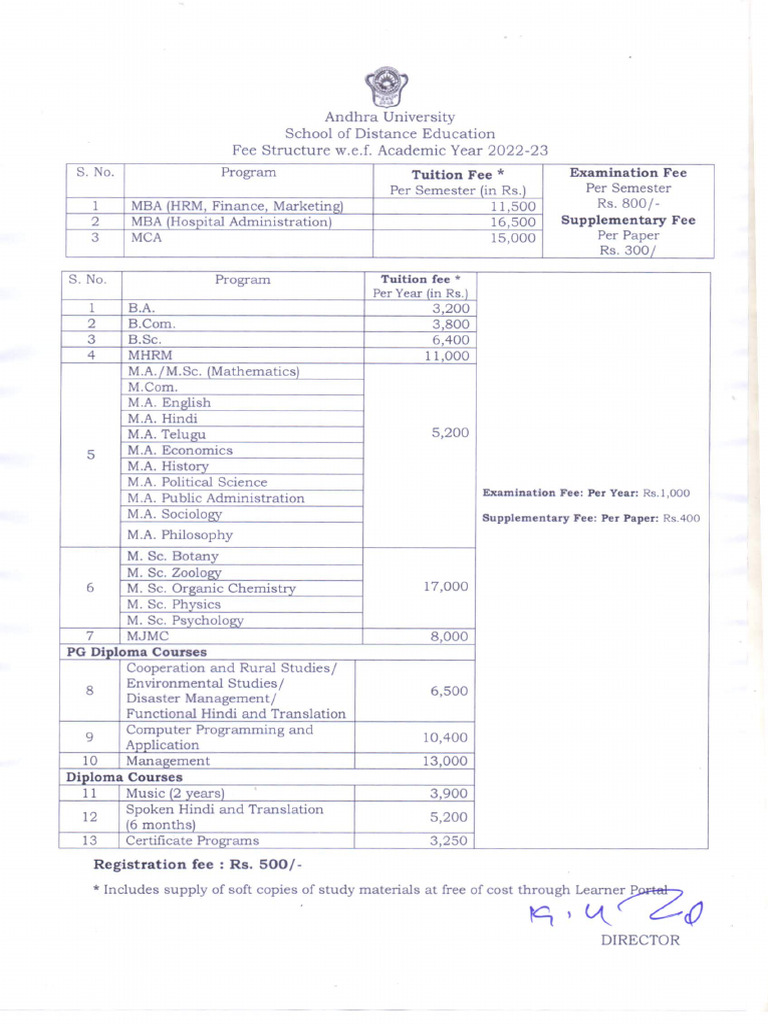 Au Sde Fee Structure | PDF