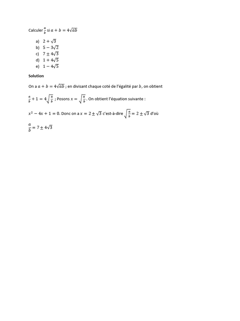 Résolution de l'équation a/b = 7 ± 4√3 | PDF