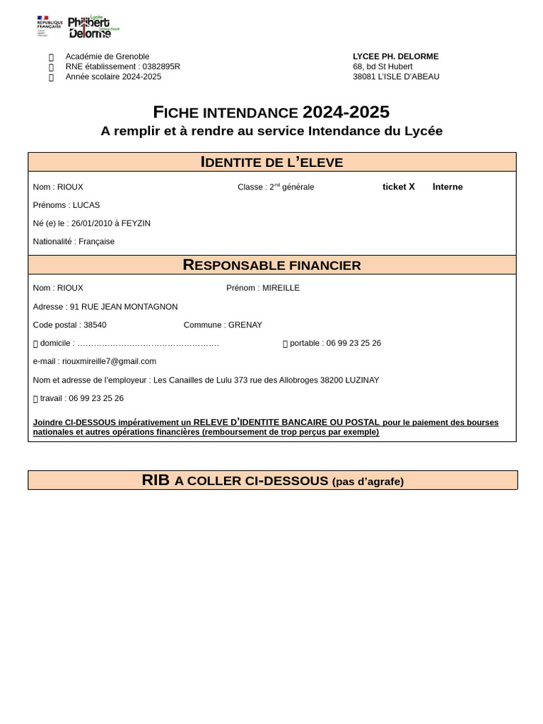 Fiche d'Intendance 2024-2025 Lycée | PDF