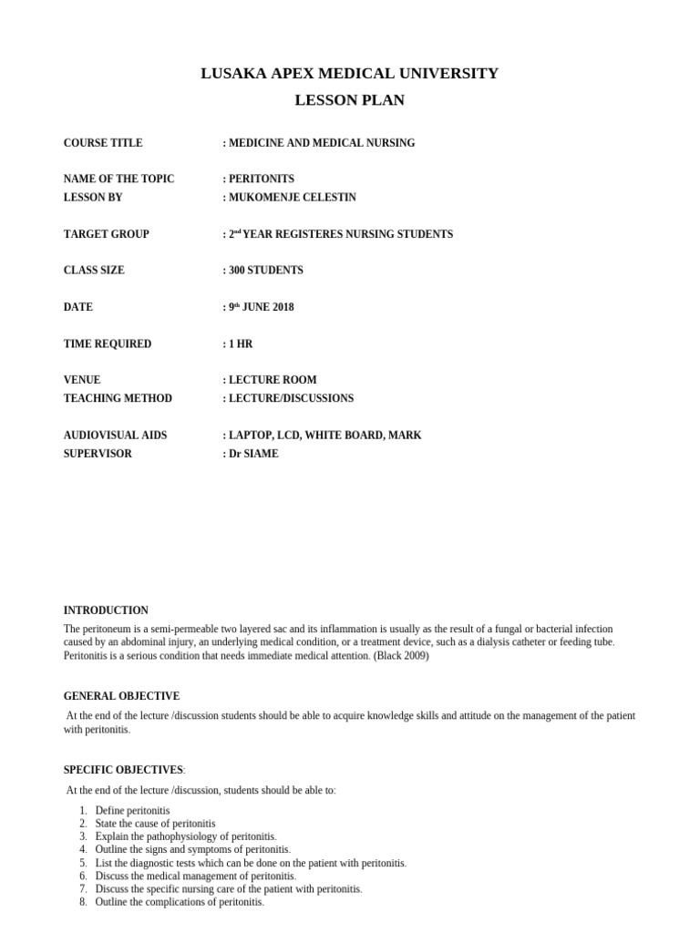 Peritonitis Lesson Plan for Nursing Students | PDF | Peritoneum ...