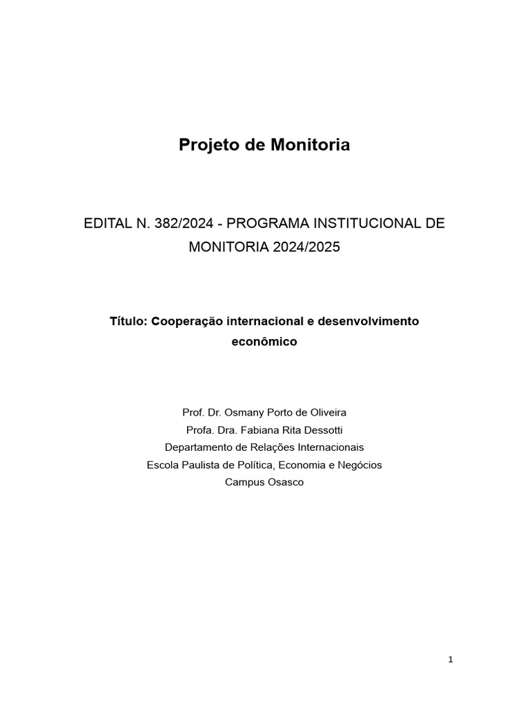 Projeto Monitoria 2024-2025 | PDF | Economia | Relações Internacionais