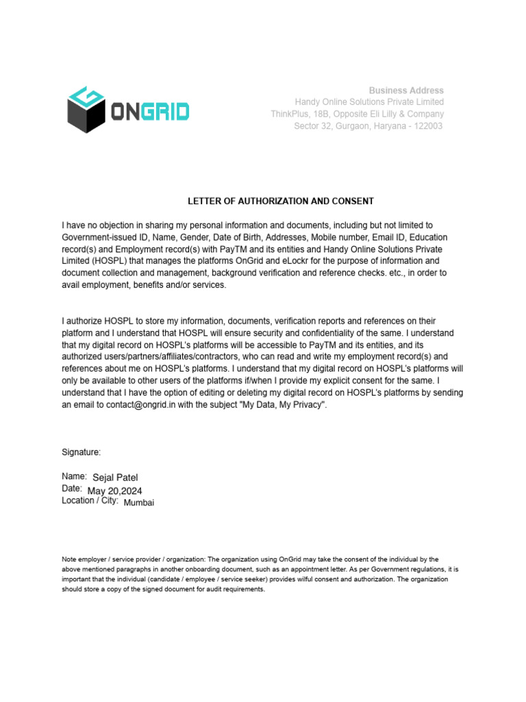 Letter of Authorization and Consent | PDF