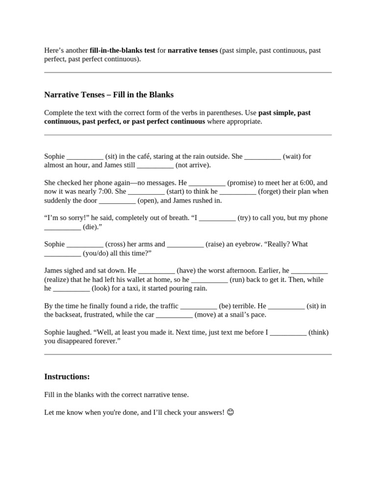 Narrative Tenses Fill-in-the-Blanks Worksheet | PDF