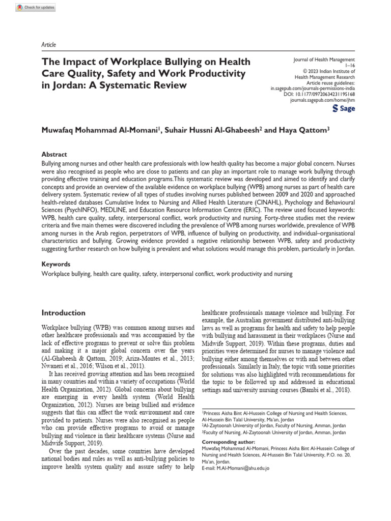Workplace Bullying in Jordanian Nursing | PDF | Bullying | Nursing