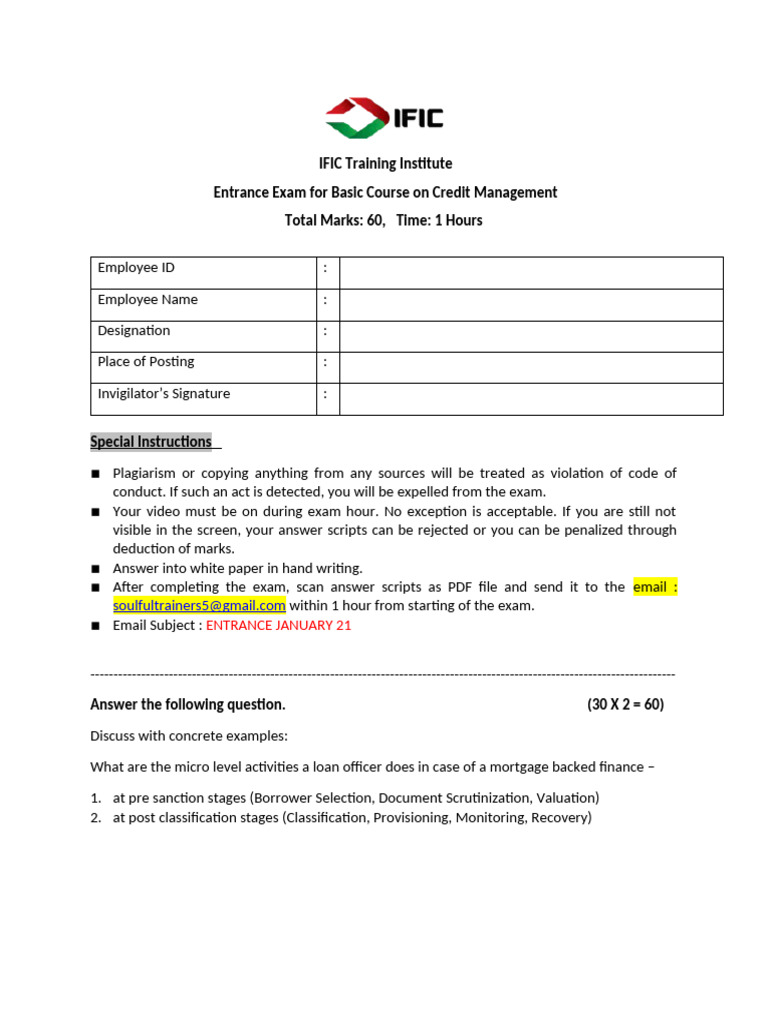 IFIC Training Institute Entrance Exam For Basic Course On Credit ...