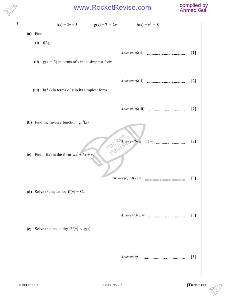 Functions and Inverses Exam Questions | PDF | Mathematical Concepts ...