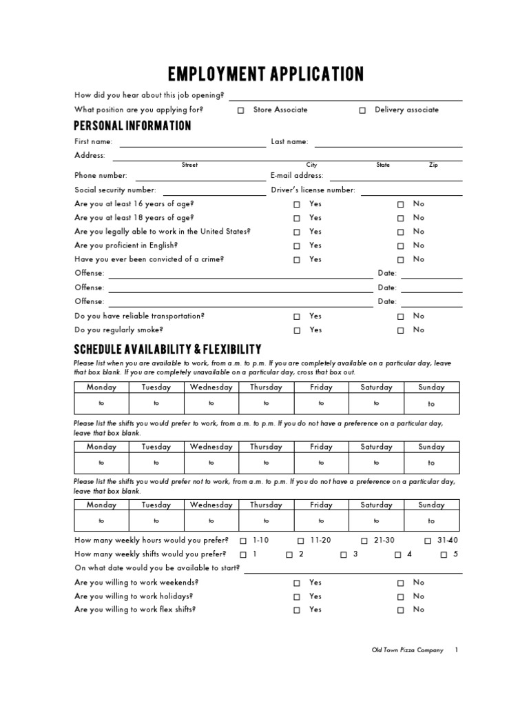 Old Town Pizza Employment Application PDF