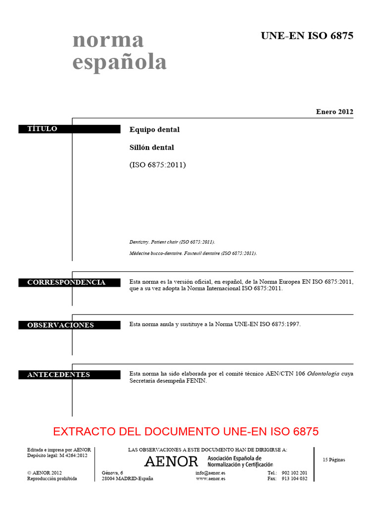 Norma ISO 6875: Sillones Dentales | PDF