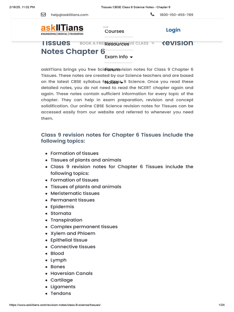 Class 9 Science: Tissues Notes | PDF | Tissue (Biology) | Lymph