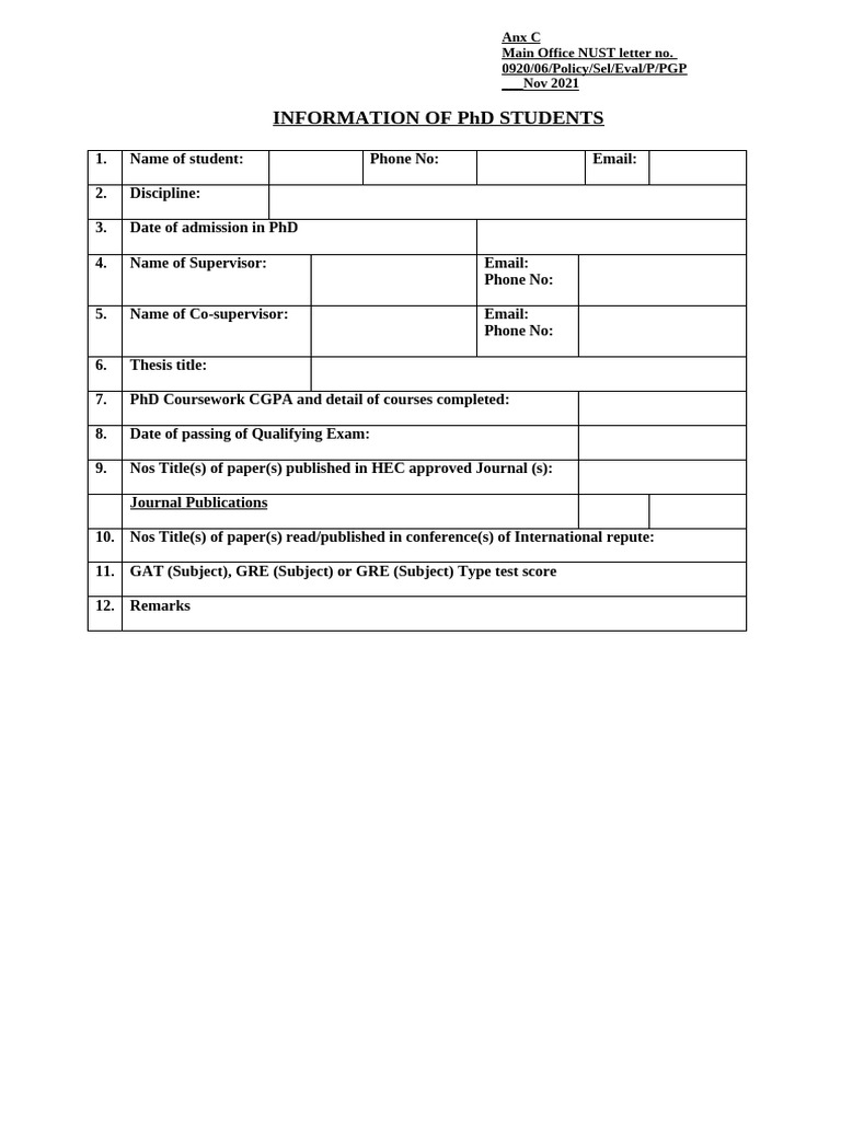 Evaluator Slection Annex C - INFORMATION OF PHD STUDENTS1 | PDF