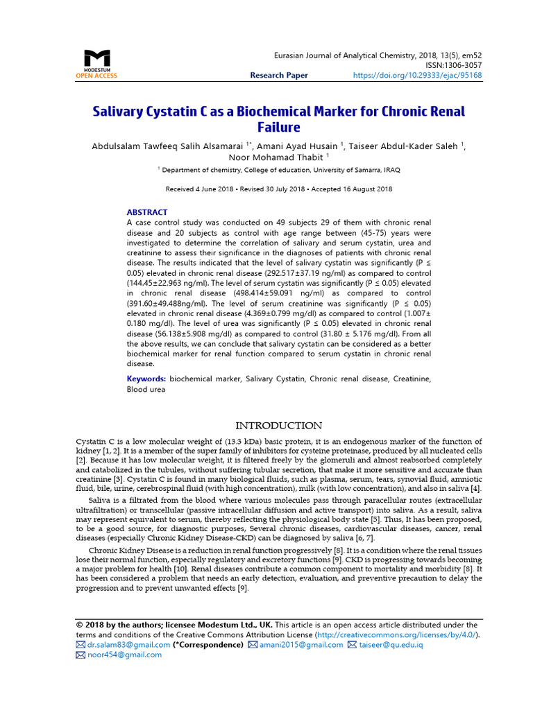 Salivary Cystatin C in Chronic Renal Failure | PDF | Creatinine | Kidney