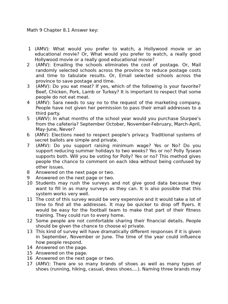 Math 9 Chapter 8 Answer Key Summary | PDF | Sampling (Statistics ...