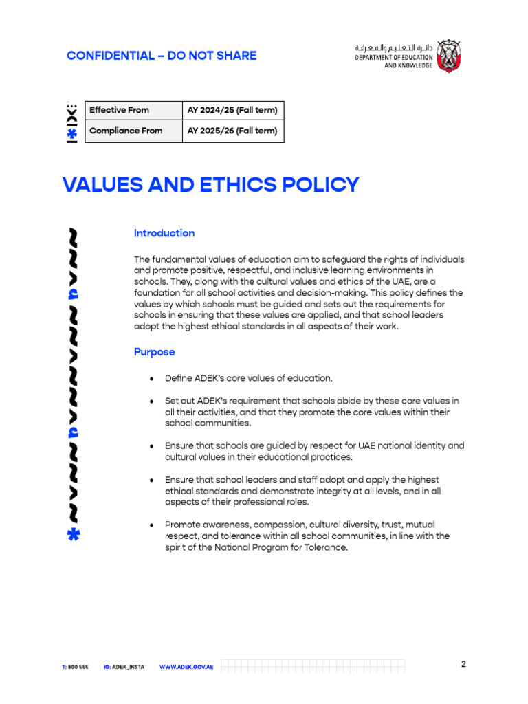 ADEK Values and Ethics Policy Overview | PDF | Leadership | Regulatory ...