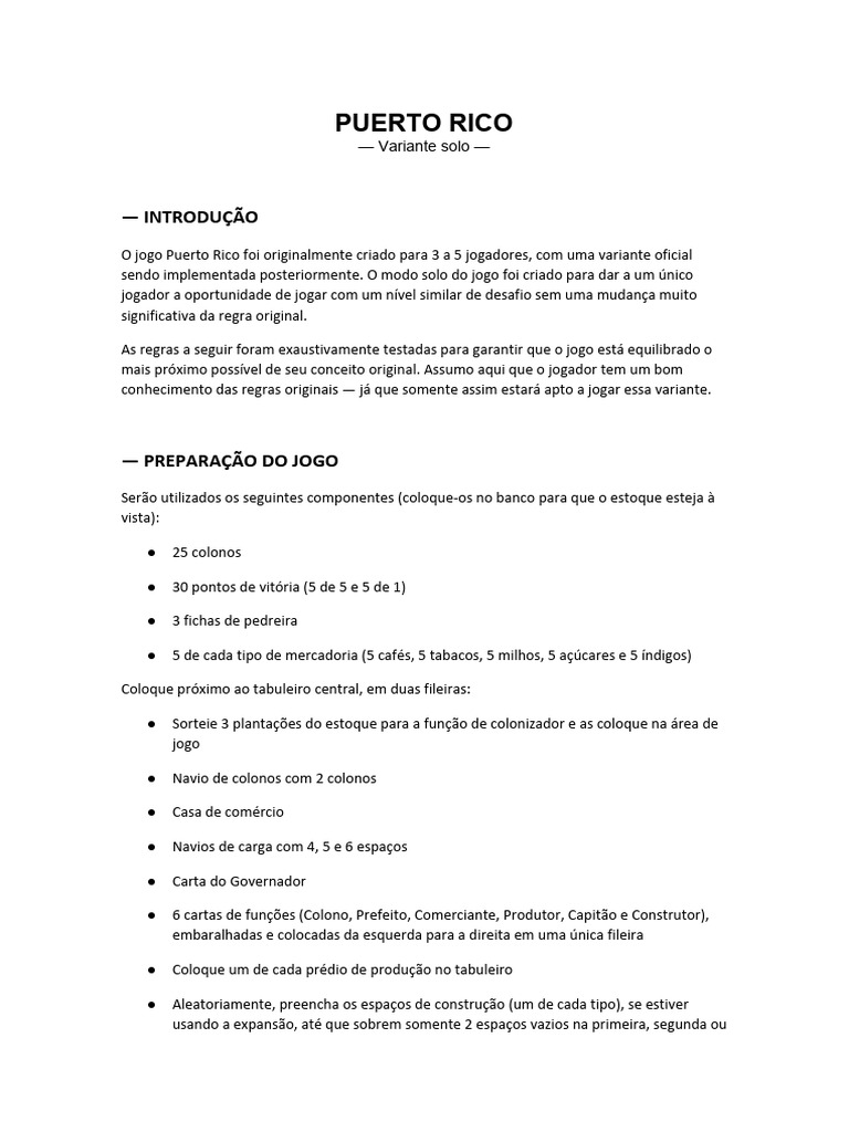 Regras do Jogo Solo de Puerto Rico | PDF | Porto Rico