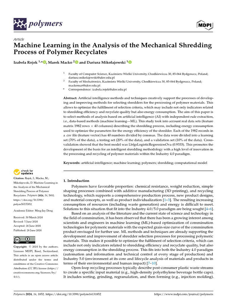 Machine Learning for Polymer Shredding Analysis | PDF | Machine ...