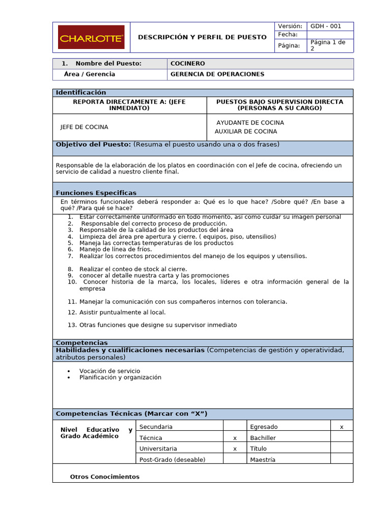 Perfil del Puesto: Cocinero en Operaciones | PDF