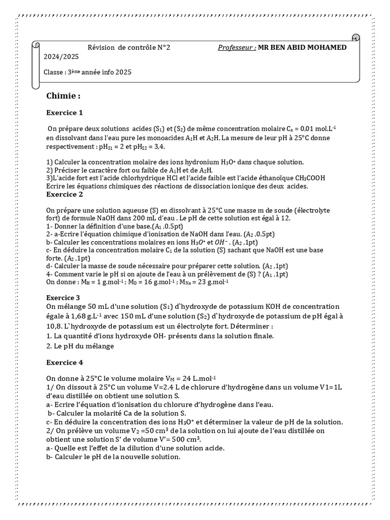 Solutions acides et bases en chimie | PDF | Ph | Concentration molaire