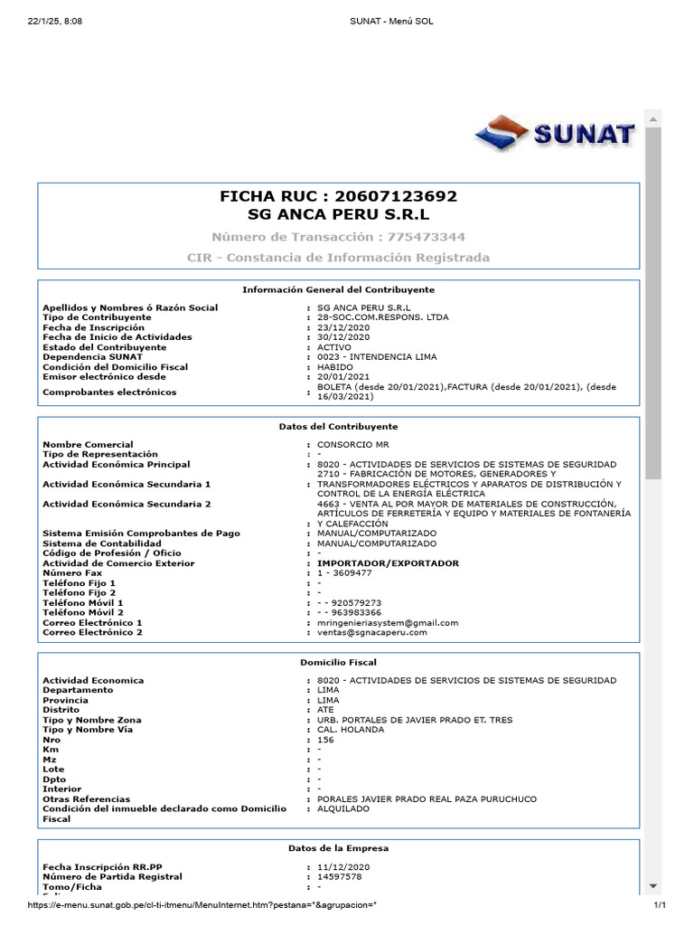 RUC 20607123692: SG ANCA PERU S.R.L | PDF