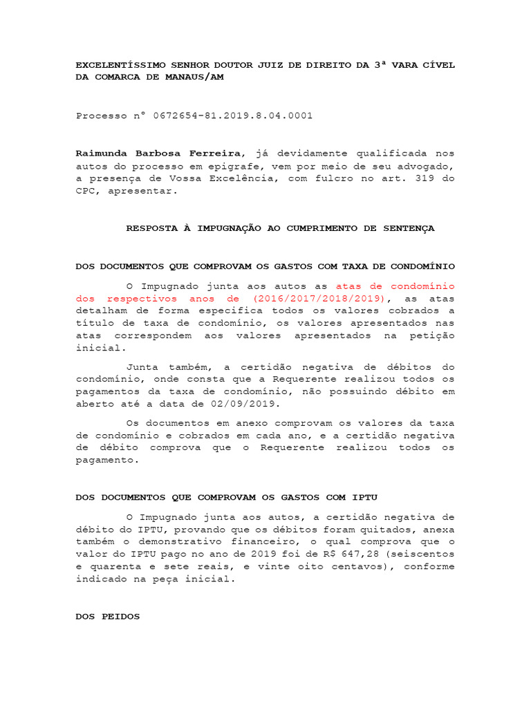 Resposta à Impugnação de Cumprimento de Sentença | PDF