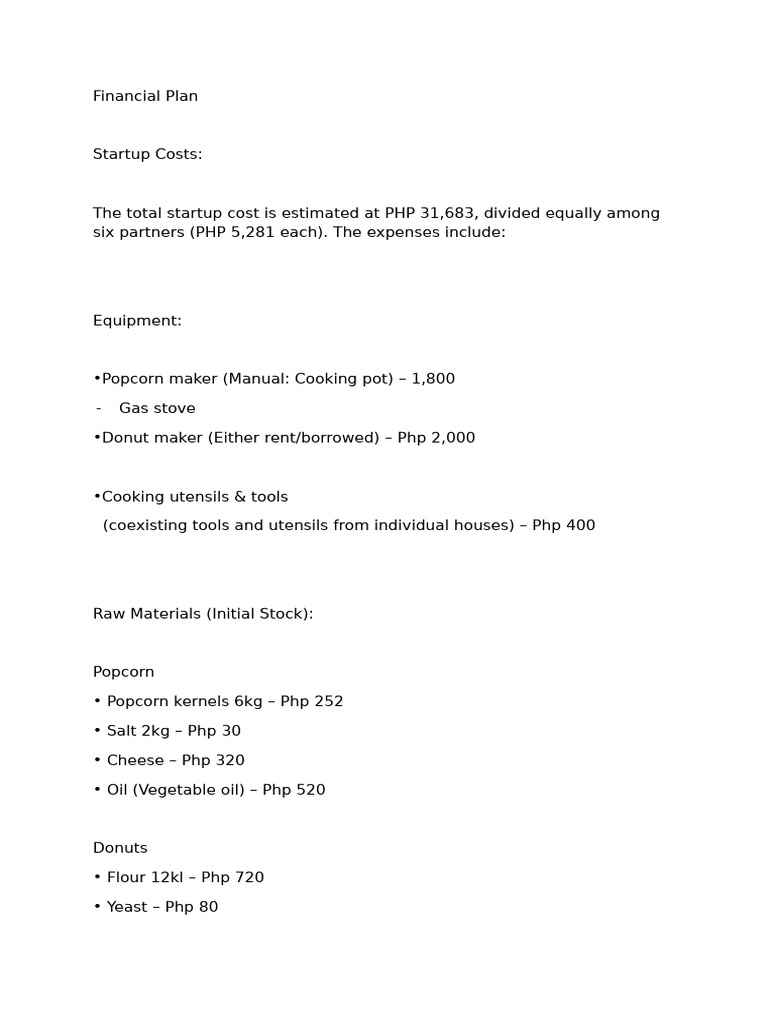 Startup Financial Plan for Snack Business | PDF | Revenue | Net Income