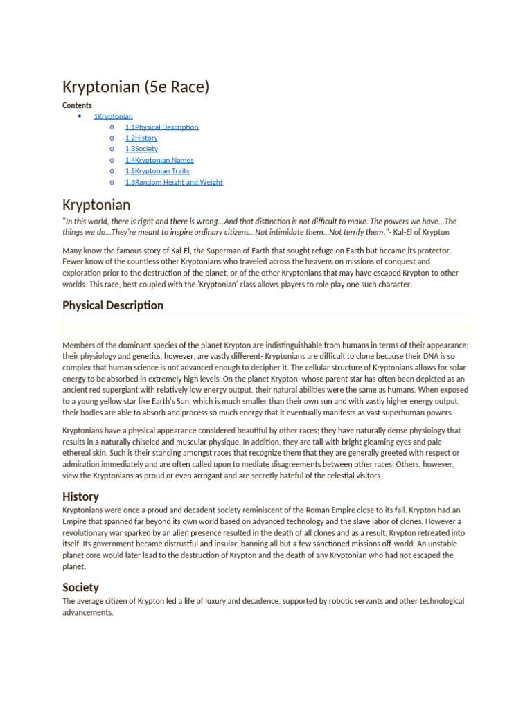 Kryptonian Race Overview in 5e | PDF