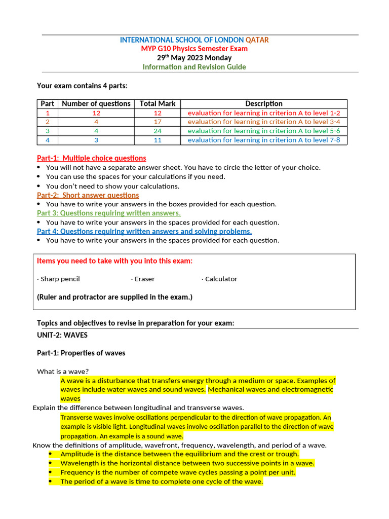 MYP G10 Physics Exam Prep Guide | PDF | Electromagnetic Radiation | Waves