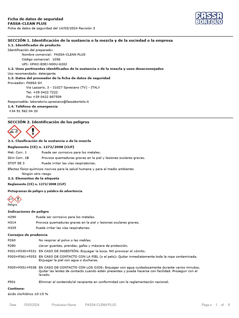 Fassaes - Sic - Es - Fassa-Clean-Plus - 3 | PDF | Corrosión | Toxicidad