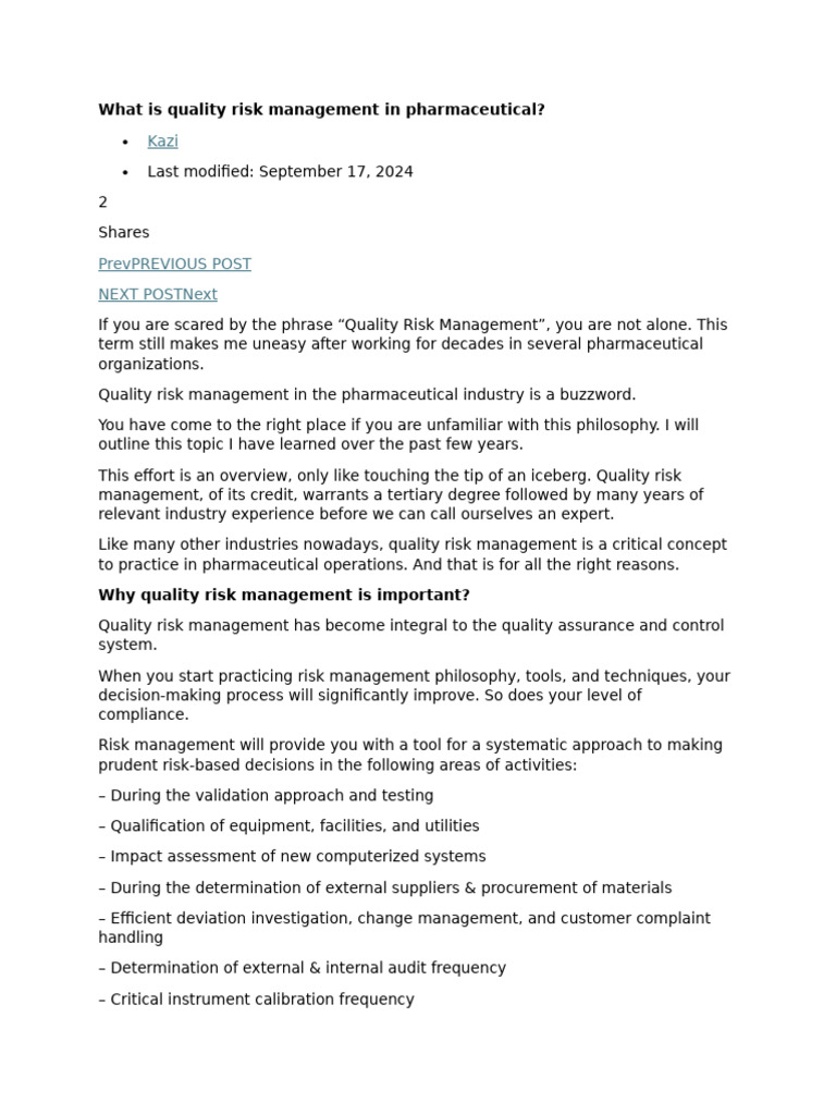Quality Risk Management in Pharma | PDF | Risk | Risk Management