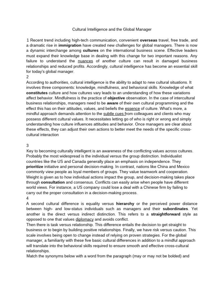 Cultural Intelligence for Global Managers | PDF | Attitude (Psychology ...