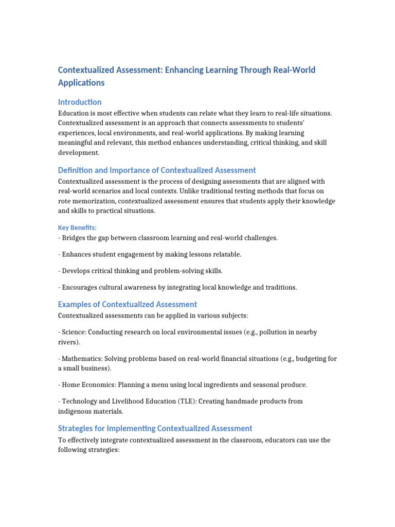 Contextualized Assessment in Education | PDF | Educational Assessment ...