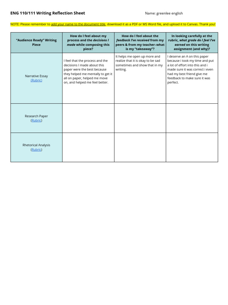 Student Writing Reflection | PDF