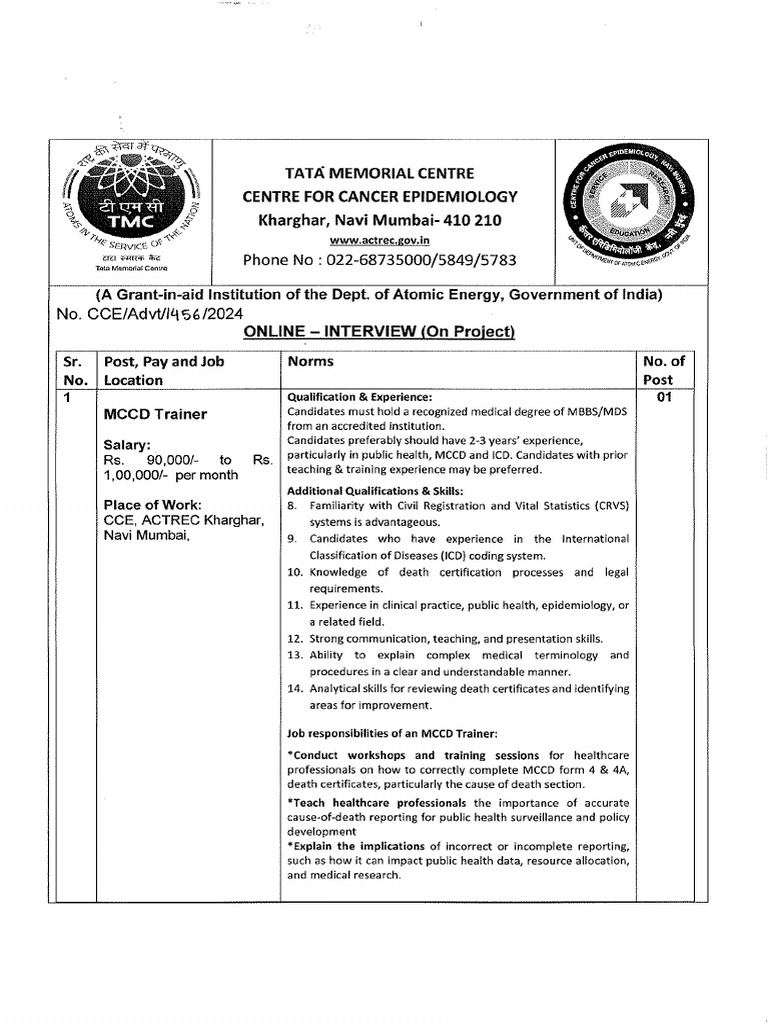 Advt MCCD Trainer | PDF