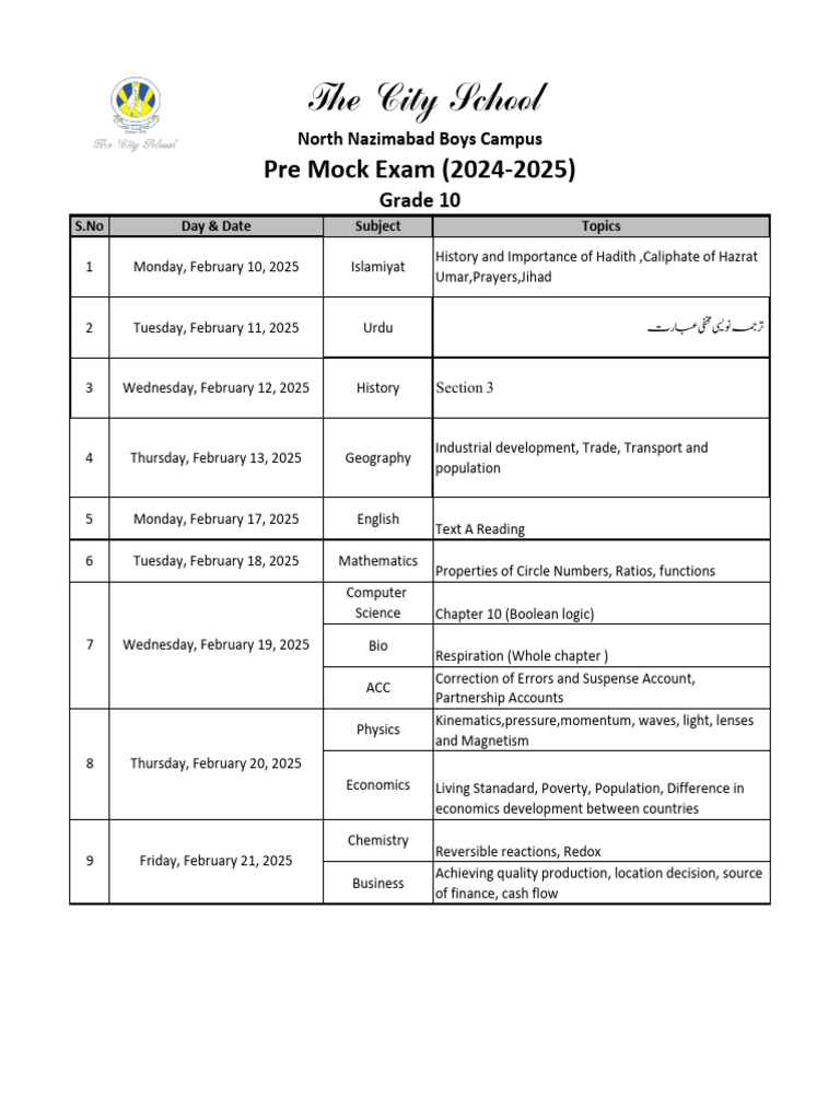 Grade 10 Pre Mock Exam Schedule 2025 | PDF