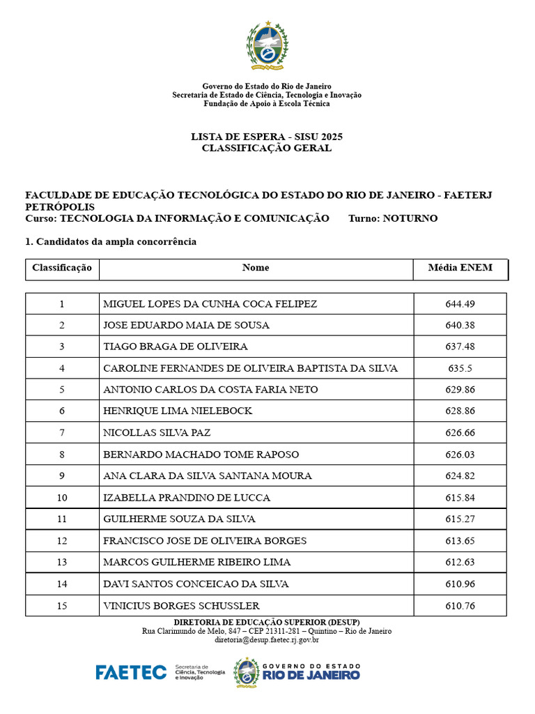 Classificação SISU 2025 - Turno Noturno | PDF | Brasil