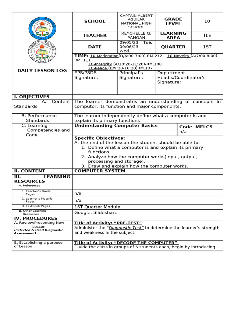 Grade 10 TLE Daily Lesson Plan | PDF | Computer Hardware | Learning