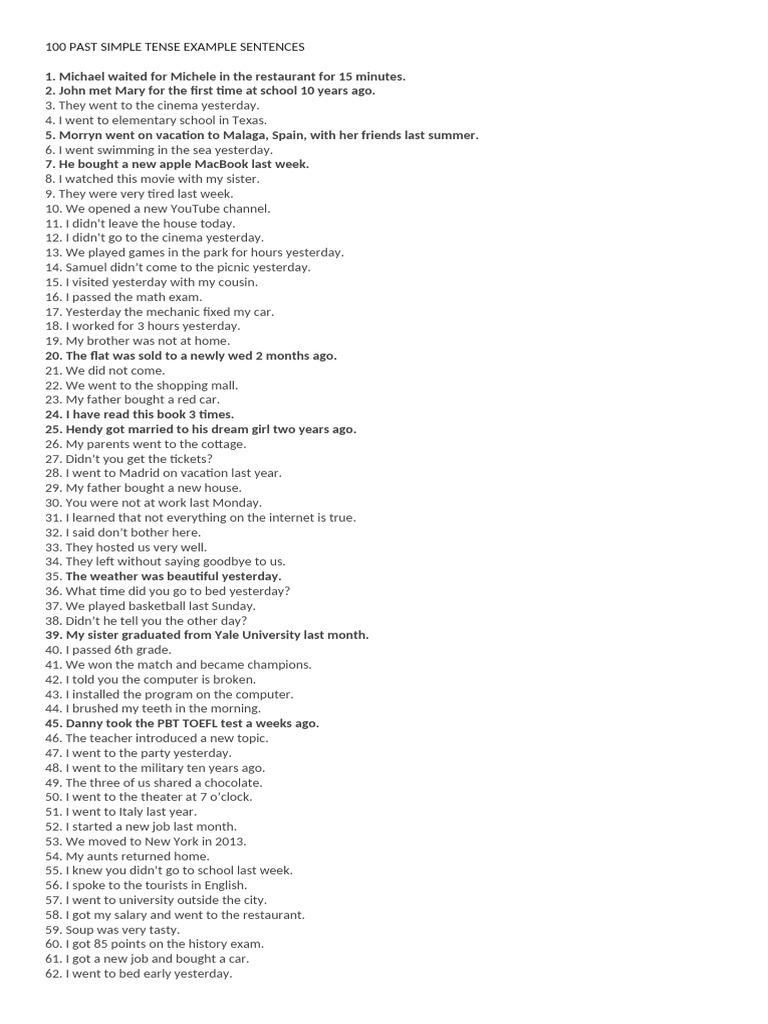 100 Past Simple Tense Example Sentences Pdf