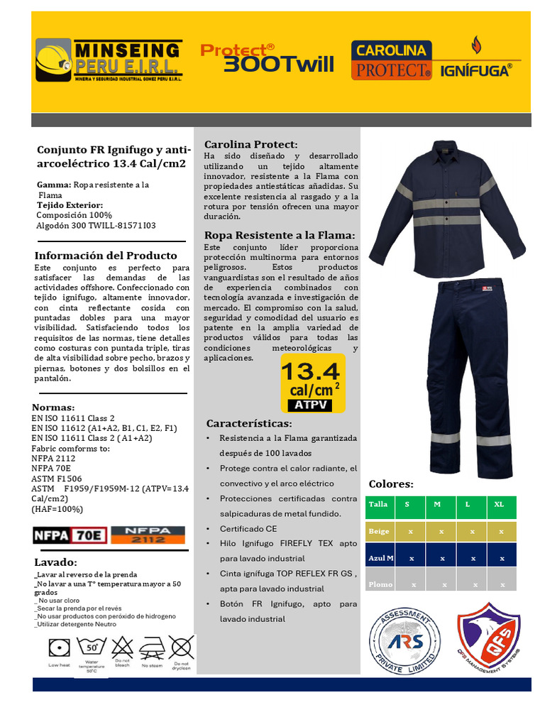 Conjunto FR Ignífugo 13.4 Cal/cm2 | PDF | Textiles | Materials