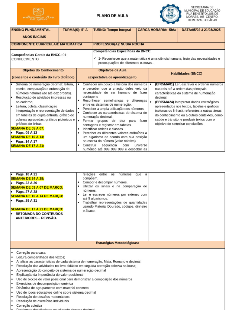 Plano de Aula: Matemática 5º Ano BNCC | PDF