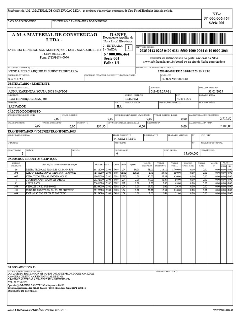 Nota Fiscal Eletrônica - A M A Material de Construção | PDF | Recibo ...