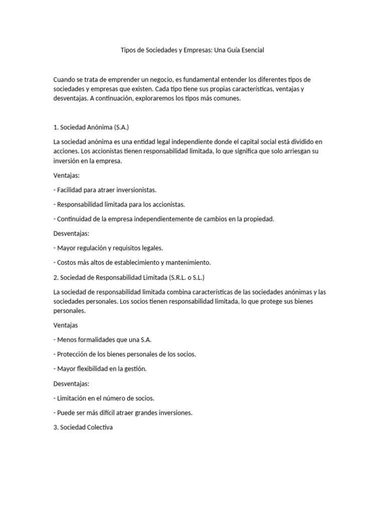 Guía de Tipos de Sociedades y Empresas | PDF | Business | Pequeñas y ...