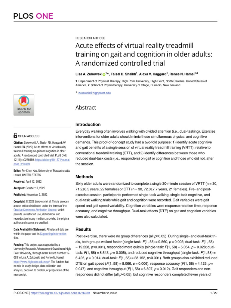 Acute Effects of Virtual Reality Treadmill | PDF | Mental Chronometry ...