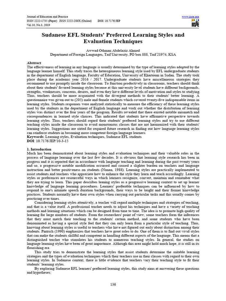Sudanese Efl Students Preferred Learning Styles and 4yoso1oknl | PDF ...