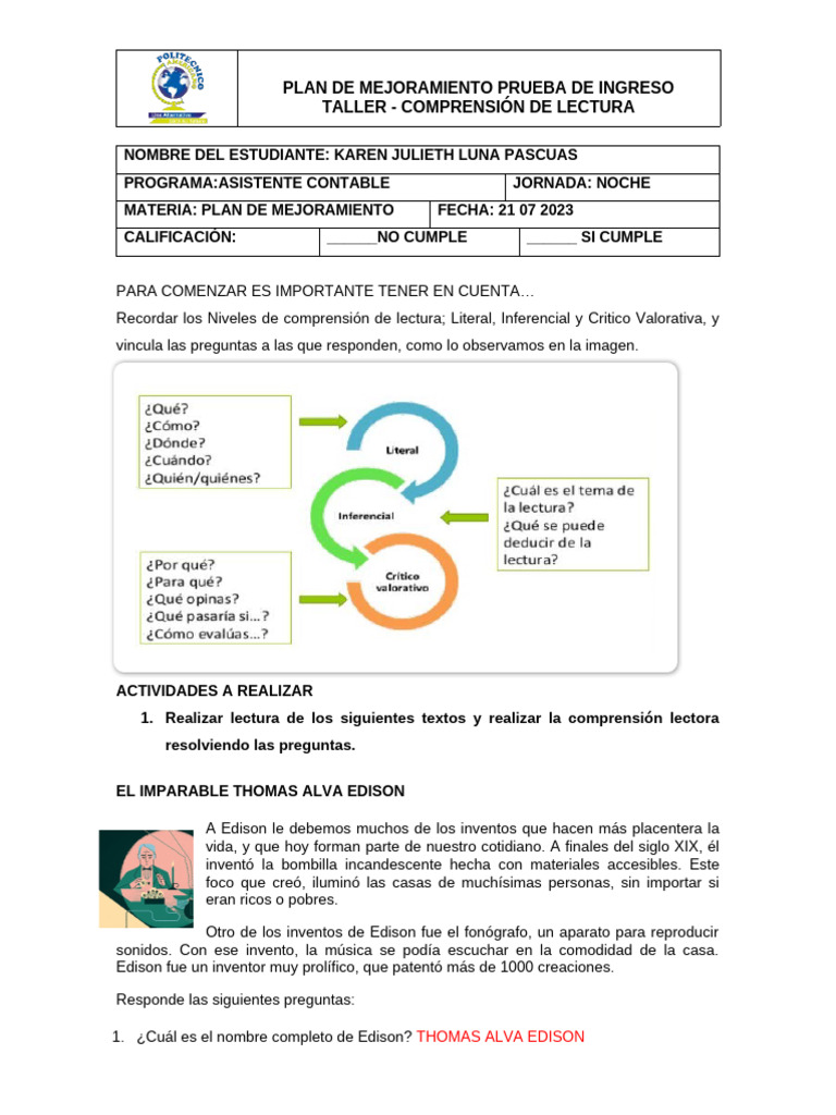 Plan de Mejoramiento en Comprensión Lectora | PDF | Thomas Edison | Marte