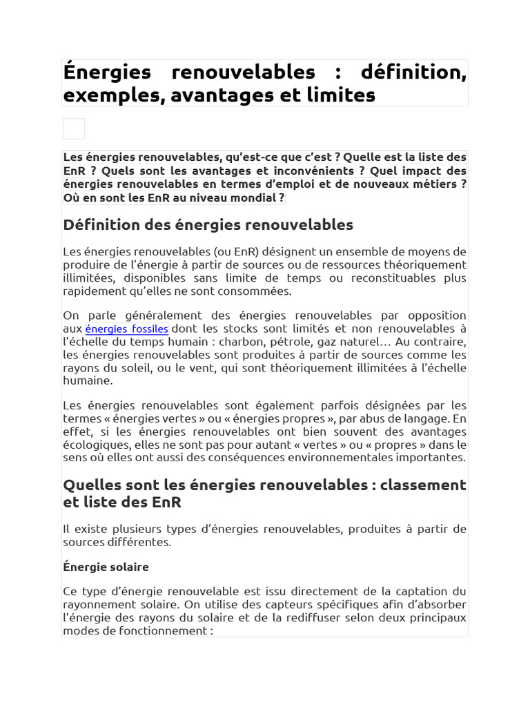 Définition et enjeux des énergies renouvelables | PDF | Énergie ...