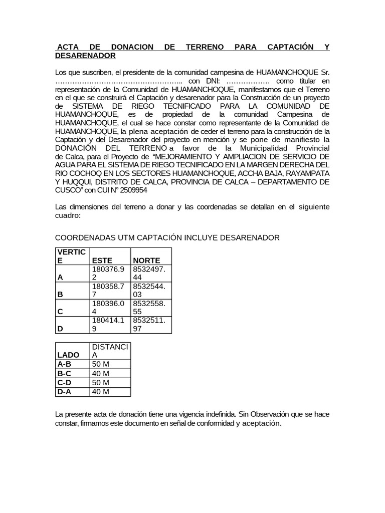 ACTA DE DONACION DE TERRENO PARA CAPTACIÓN Y DESARENADOR | PDF