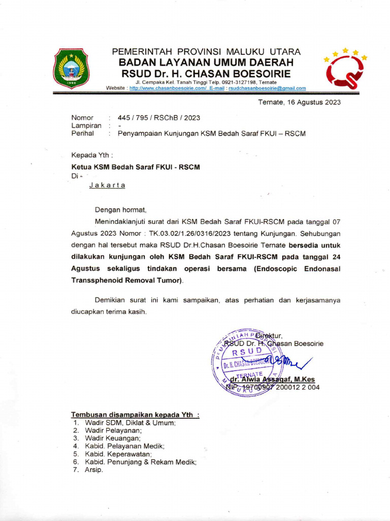 Surat Keluar - Penyampaian Kunjungan KSM Bedah Saraf FKUI RSCM | PDF