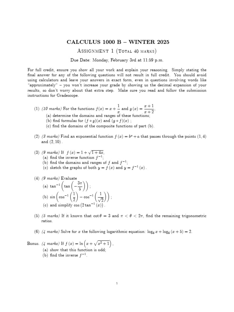Calculus 1000 B Winter 2025 Assignment 1 | PDF