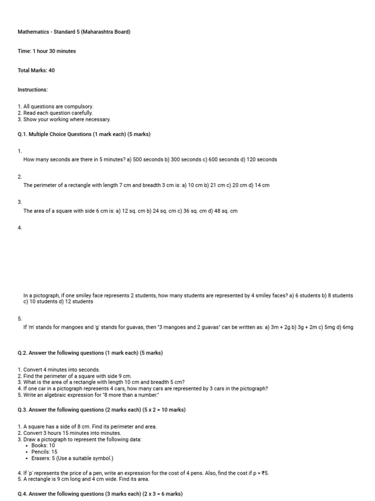 5th Std Maths Question Paper - Term 2 | PDF | Area