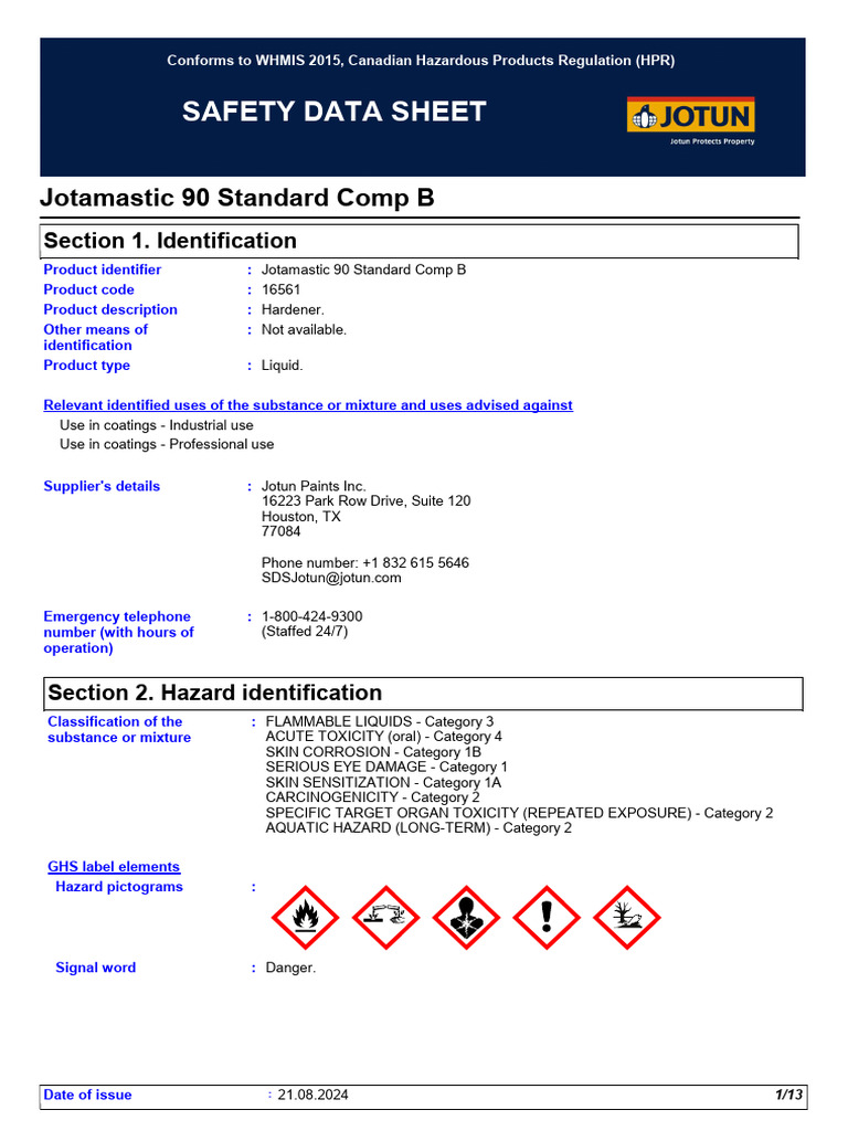 Jotamastic 90 Comp B Safety Data Sheet | PDF | Toxicity | Occupational ...